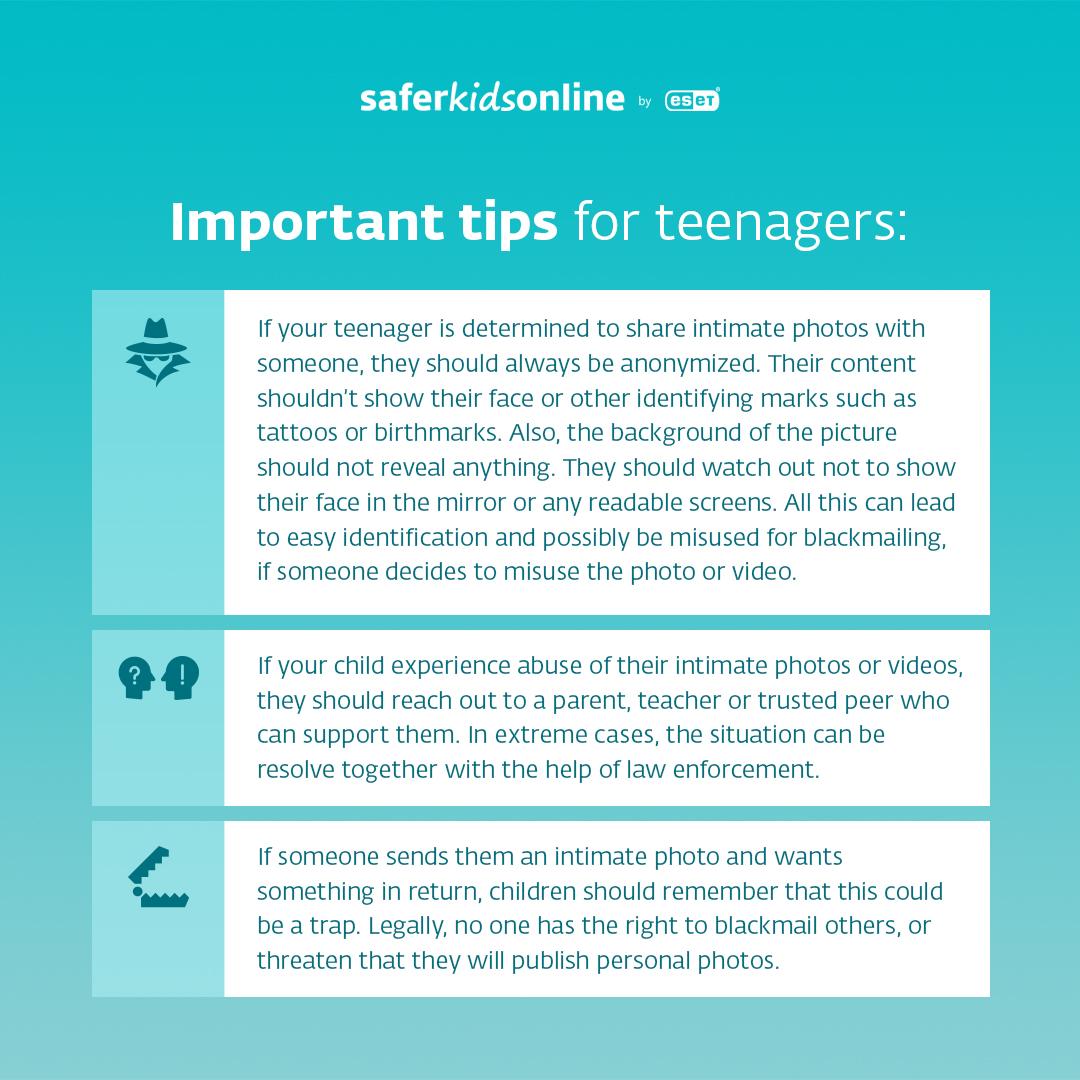 An infographic providing key tips for teenagers to navigate sexting safely: anonymize shared photos, seek support if facing content abuse, and avoid falling victim to blackmail traps. Empower teens with knowledge to stay secure online.